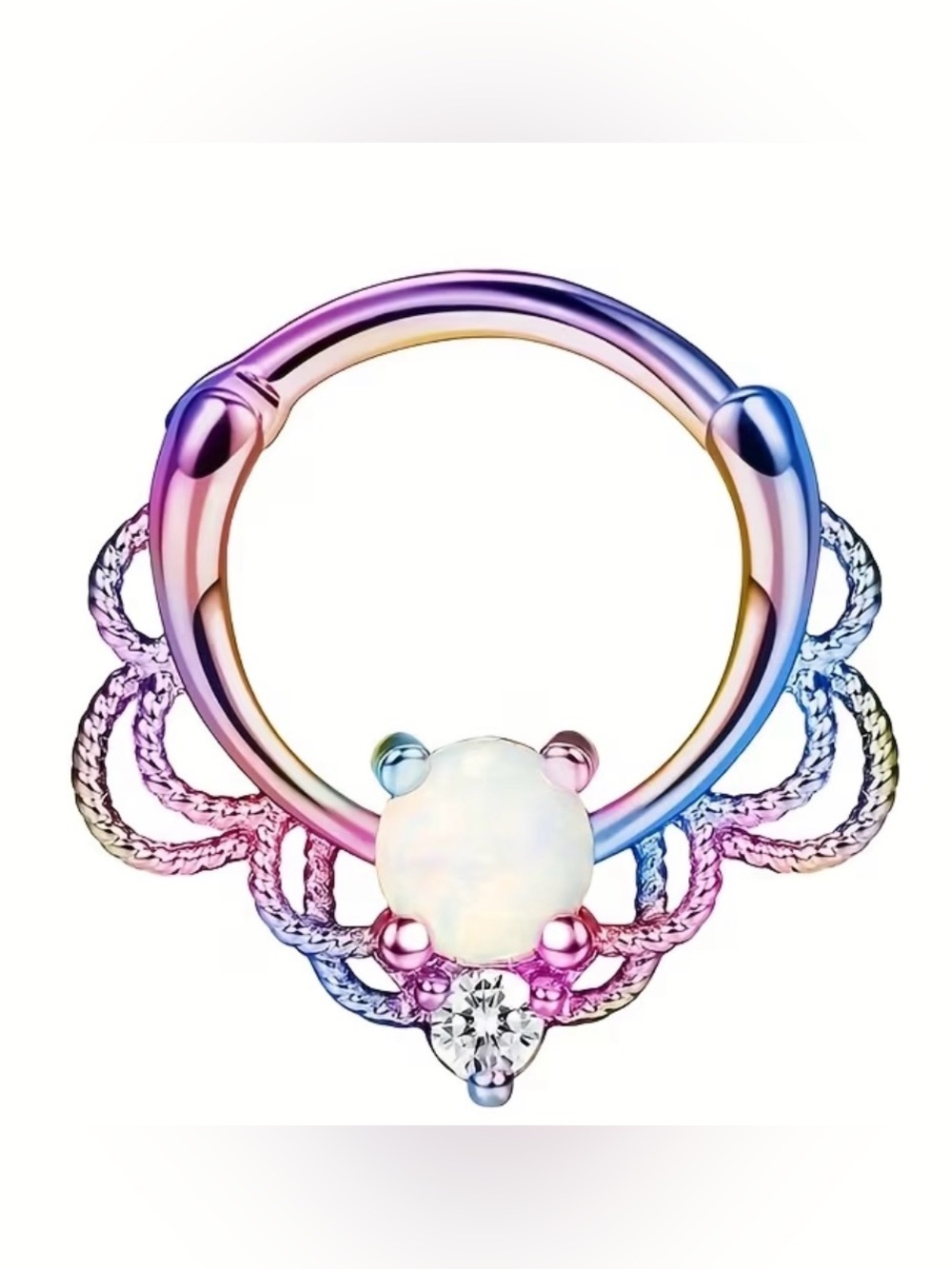 16 gauge Anodized Multicolor faux Opal and faux Crystal Hoop Clicker septum ring